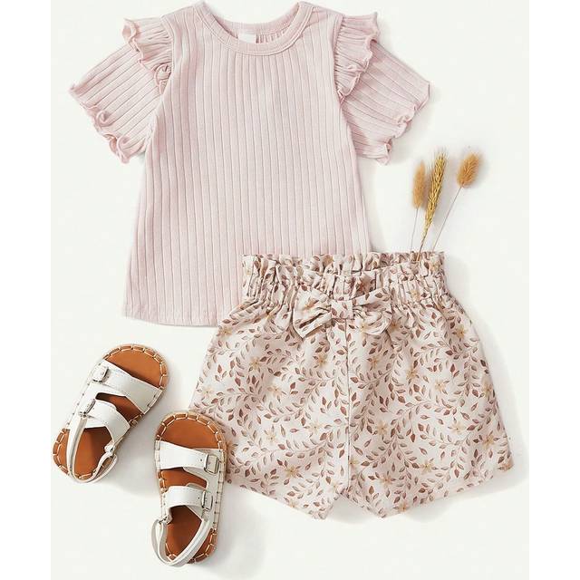 Cozy Pixies Baby Girl Solid Knit Soft Round Neck Ruffle Hem Pullover Top And Floral Pattern Leisure Shorts Two-Piece Set