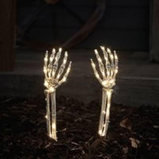 2 Skeleton Hand Halloween Garden Stake Lights - Warm White