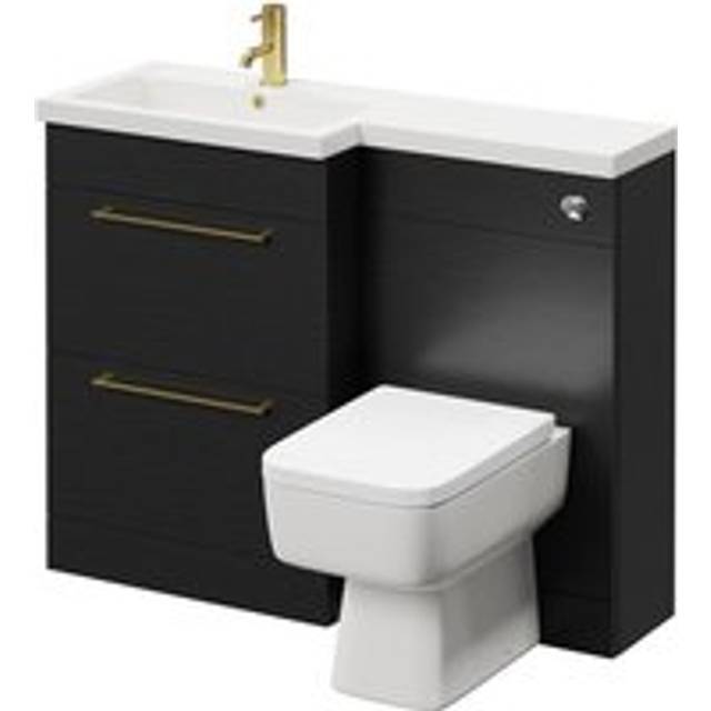 Napoli 390 Combination Vanity Unit Toilet Suite with Left Hand L Shaped 1 Tap Hole Basin and 2 Drawers with Brushed Brass Handles | Nero Oak | ABS Polished Chrome | 1100mm
