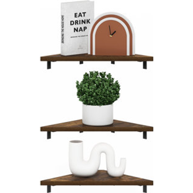 Furinno Rossi Triangle Corner Floating Shelves  Wall Mount Display Shelf  Amber Pine  Set of 3