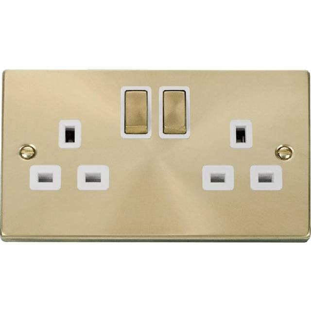 Click Deco 2 Gang 13A DP 'Ingot' Switched Socket Outlet (Twin Earth) Satin Brass Insert White