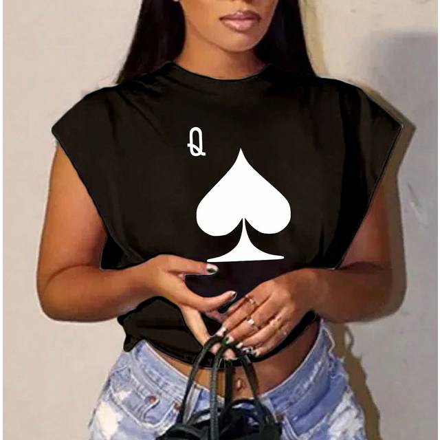 Slaydiva Casual Short Sleeve Women&#39;s T-Shirt With Black Spades Queen Playing Card Pattern, Suitable For Summer