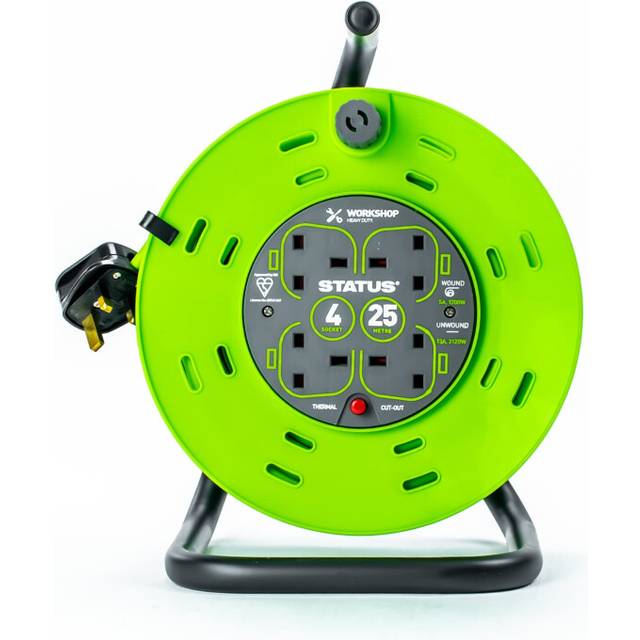 STATUS 4 Socket Cable Reel | 25m Green Extension Lead | 13A with Thermal Cut Out | Heavy Duty Outdoor Extension Lead | S25M13ACR2