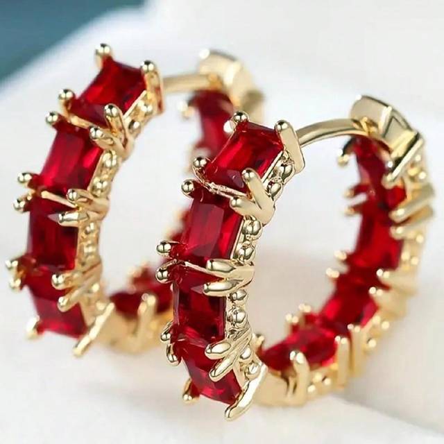 SHEIN 1pair Fashionable Golden Rectangular Right-Angle Red Hoop Earrings, Jewelry Gift For Girls