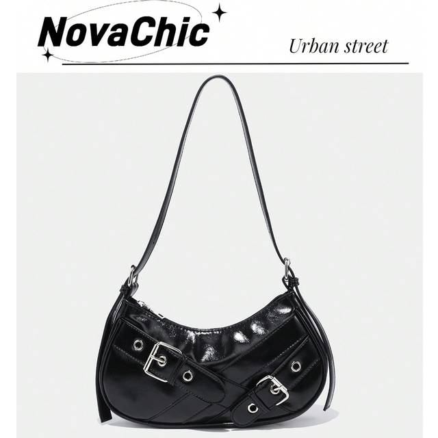 SHEIN 1pc Black PU Leather Y2K Gothic Fashionable Type Shoulder Bag With Rivet Decoration, Vintage Style, Perfect For Daily Commute, Tready Crescent Moon Ba