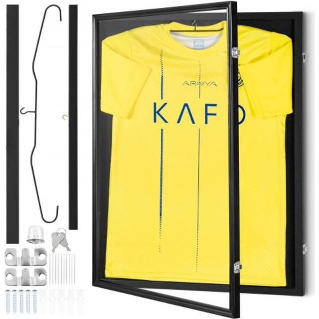VEVOR Jersey Display Frame Case, 24 x 32 x 1.5 in, Large Lockable Sport Jersey Shadow Box with 98% UV Protection PC Glass and Hangers, for Baseball Basketball Football Hockey Shirt and Uniform, Black