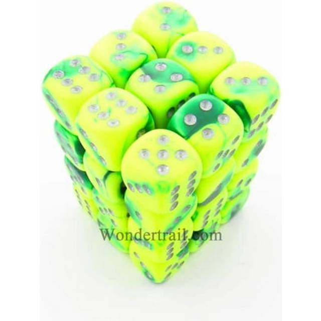 chessex Manufacturing 26854 D6 cube gemini Set Of 36 Dice  12 mm - green & Yellow With Silver Numbering