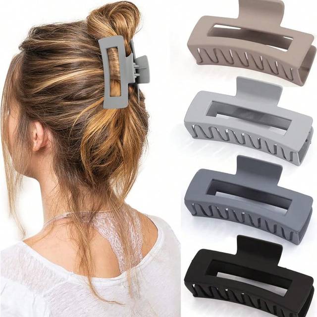 SHEIN 4pcs Women Black And Grey Square Simple 11cm Large Lightweight Plastic Hair Clip, Fashionable And Versatile, And Elegant Minimalist Hair Claw Hair Acc