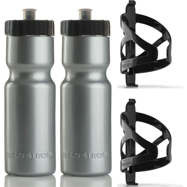 50 Strong Bike Water Bottle Holder and Bottle Combo  2-Pack Bike Water Bottles & Water Bottle Cage  22 oz Sports Squeeze Water Bottle with Pull Top Ca