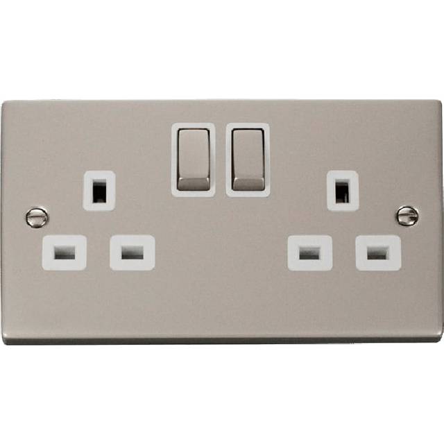 Click Deco 2 Gang 13A DP 'Ingot' Switched Socket Outlet (Twin Earth) Pearl Nickel Insert White