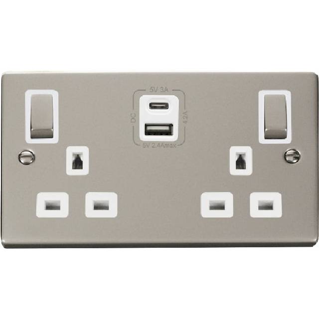 Click Deco 13A Ingot 2G Switched Socket With Type A & C USB 4.2A Outlets Pearl Nickel Insert White