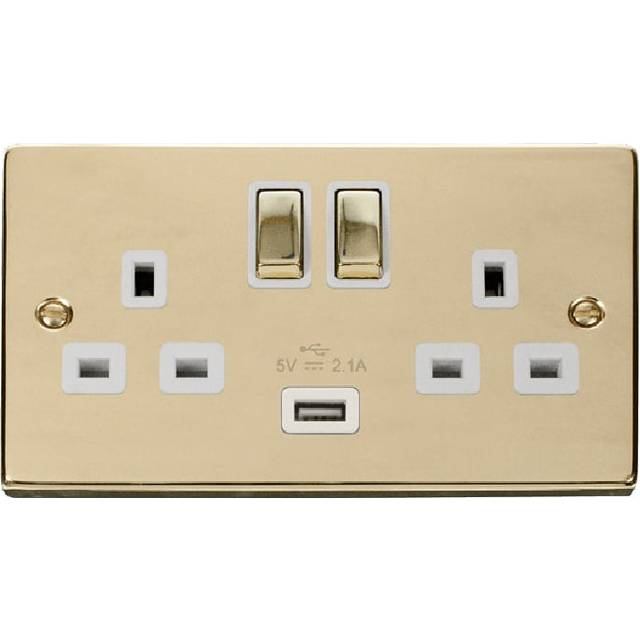 Click Deco 13A Ingot 2G Switched Socket With Single 2.1A USB Outlet Polished Brass Insert White
