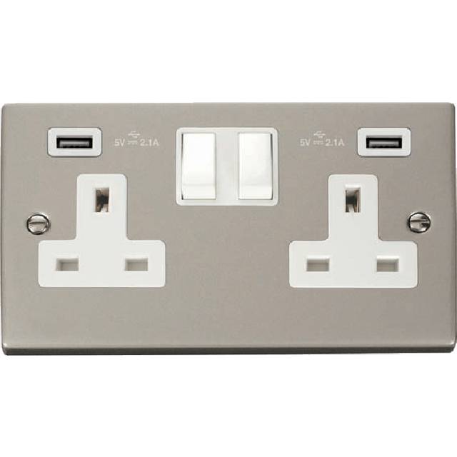 Click Deco 13A 2G Switched Socket with Twin 2.1A USB Outlets Pearl Nickel Insert White