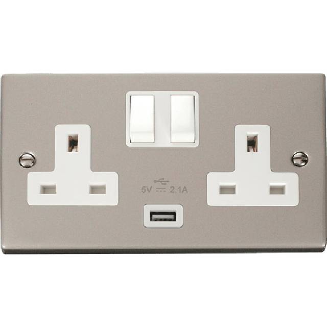 Click Deco 13A 2G Switched Socket With USB Outlet Pearl Nickel Insert White
