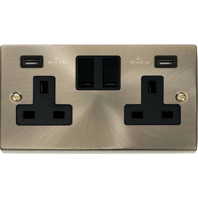 Click Deco 13A 2G Switched Socket with Twin 2.1A USB Outlets Antique Brass Insert Black