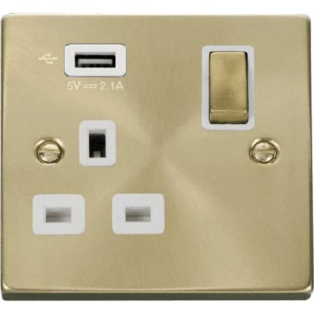 Click Deco 13A Ingot 1G Switched Socket With Single 2.1A USB Outlet Satin Brass Insert White