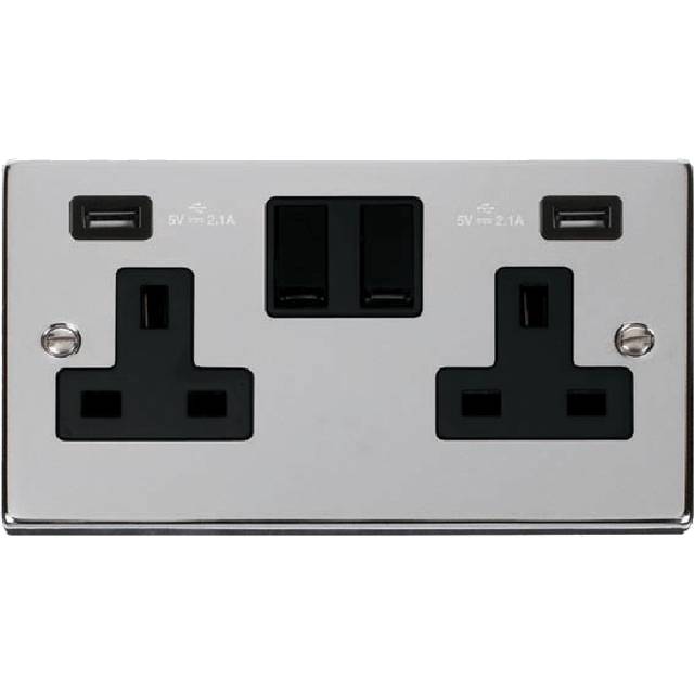Click Deco 13A 2G Switched Socket with Twin 2.1A USB Outlets Polished Chrome Insert Black