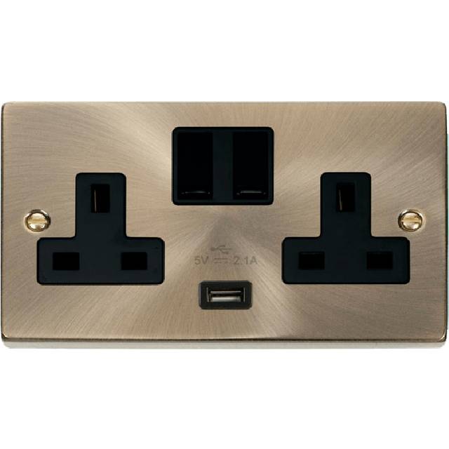 Click Deco 13A 2G Switched Socket With USB Outlet Antique Brass Insert Black