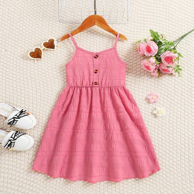 SHEIN Young Girl Summer Casual Outdoor Solid Color Knit Jacquard Dress With Decorative Buttons, Straps, And Off Shoulder Design. Available In Knee-Length Fo