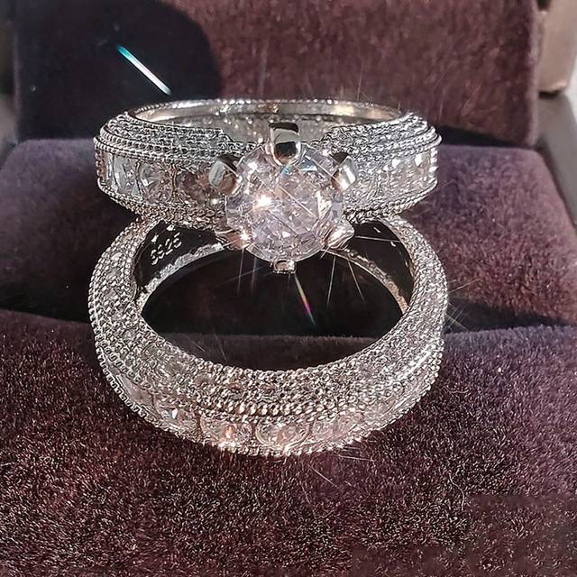 SHEIN 2pcs Elegant Stacking Promise Rings Paved Shining Zirconia Engagement/ Wedding Rings Valentine&#39;s Day Gift For Her Luxury Jewelry Royal