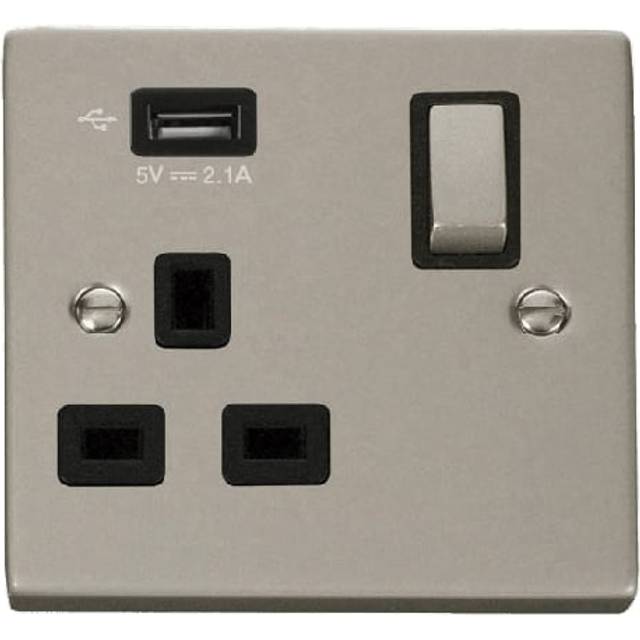 Click Deco 13A Ingot 1G Switched Socket With Single 2.1A USB Outlet Pearl Nickel Insert Black