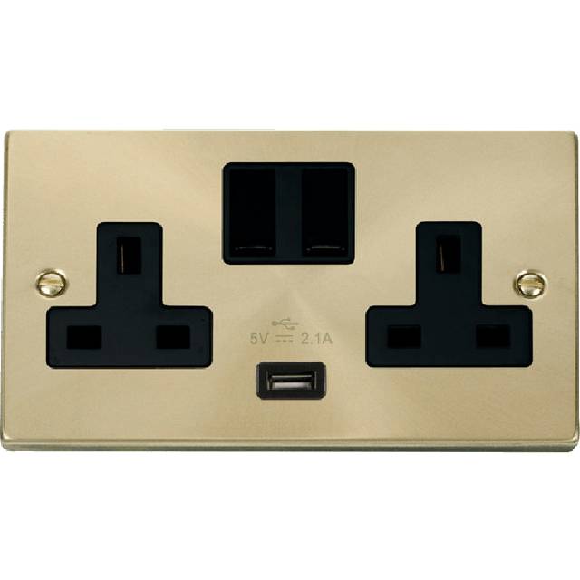 Click Deco 13A 2G Switched Socket With USB Outlet Satin Brass Insert Black