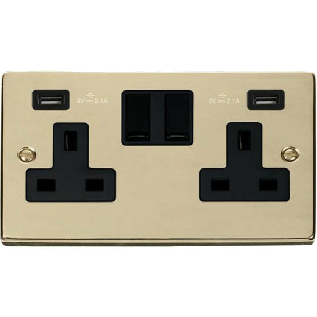 Click Deco 13A 2G Switched Socket with Twin 2.1A USB Outlets Polished Brass Insert Black