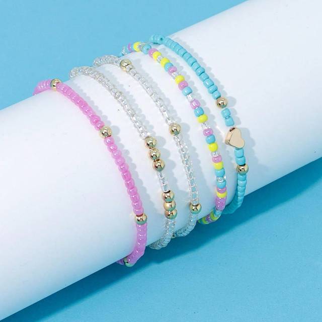 SHEIN 5pcs Handmade Minimalist Heart Decorated Beaded Stretch Bracelet Set For Beach Vacation Party Or Friendship Valentines
