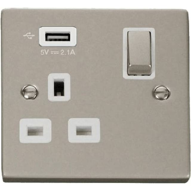 Click Deco 13A Ingot 1G Switched Socket With Single 2.1A USB Outlet Pearl Nickel Insert White
