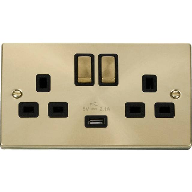 Click Deco 13A Ingot 2G Switched Socket With Single 2.1A USB Outlet Satin Brass Insert Black
