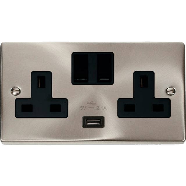 Click Deco 13A 2G Switched Socket With USB Outlet Satin Chrome Insert Black