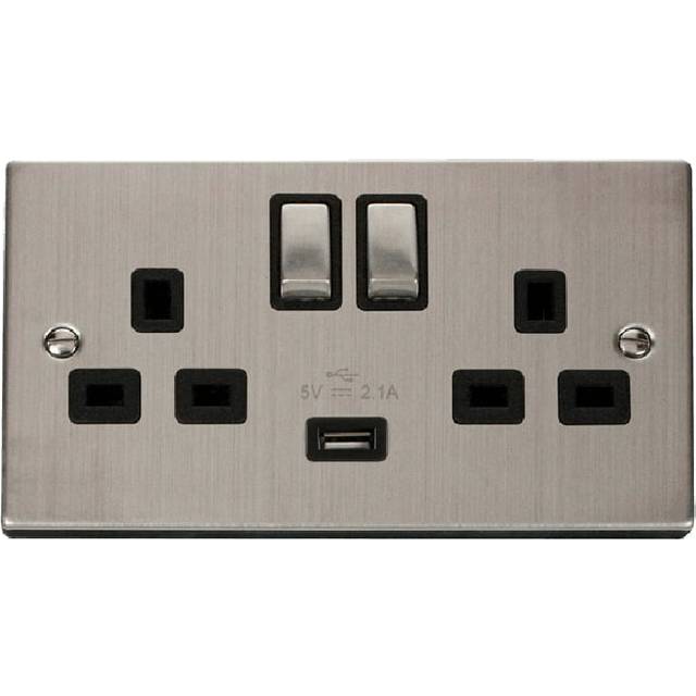 Click Deco 13A Ingot 2G Switched Socket With Single 2.1A USB Outlet Stainless Steel Insert Black