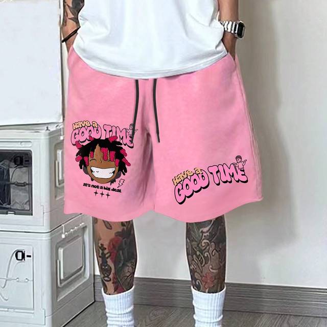 SHEIN Men Drawstring Waist Pocket Shorts With Letter And Cartoon Print Summer Baggy Pattern Graffiti Plain Going Out