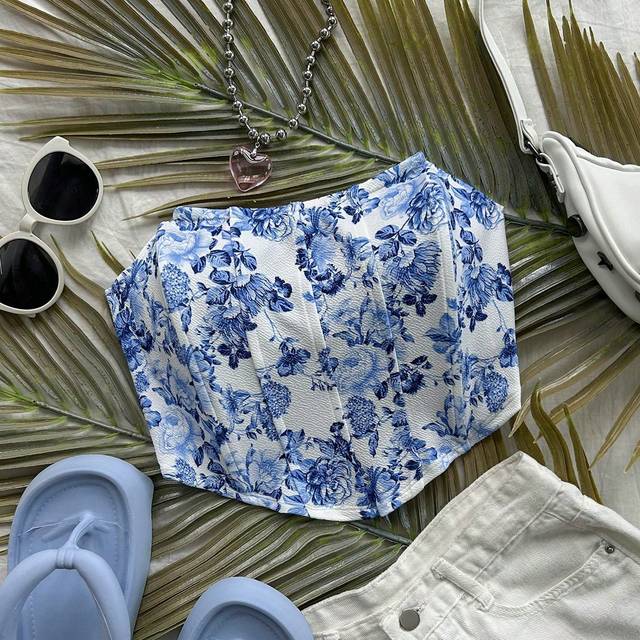 Soleia Women&#39;s Vacation Style Blue & White Watercolor Tie Dye Floral Print Elastic Fabric Herringbone Lined Decor Versatile Bandeau For Wedding Season, Beach