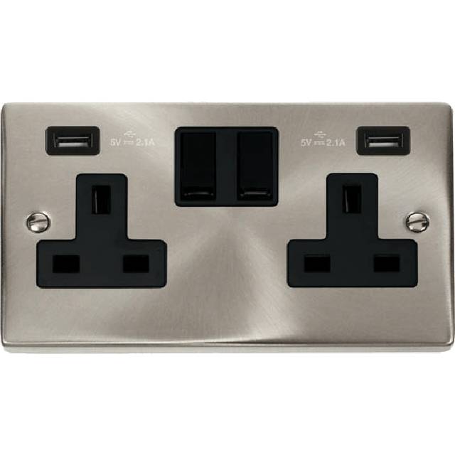 Click Deco 13A 2G Switched Socket with Twin 2.1A USB Outlets Satin Chrome Insert Black