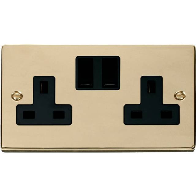 Click Deco 2 Gang 13A DP Switched Socket Outlet (Twin Earth) Polished Brass Insert Black