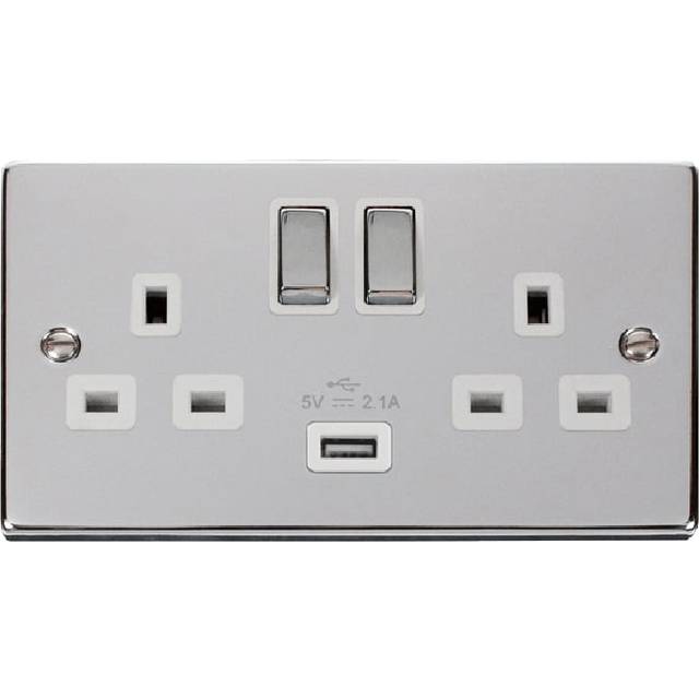 Click Deco 13A Ingot 2G Switched Socket With Single 2.1A USB Outlet Polished Chrome Insert White