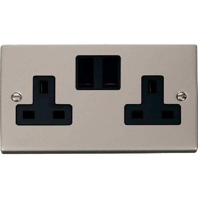 Click Deco 2 Gang 13A DP Switched Socket Outlet (Twin Earth) Pearl Nickel Insert Black