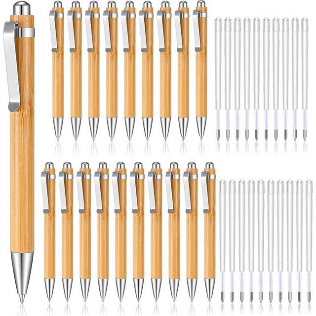 20 Pcs Bamboo Retractable Ballpoint Pen and 20 Pcs Extra Refills, Ink 1 mm Bamboo Pen Retractable Wooden