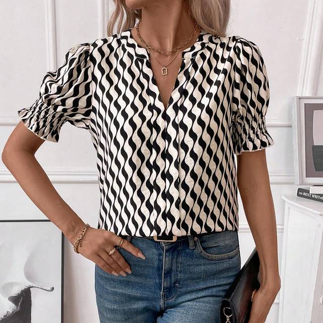 Gomorn Wave Striped Print Notched Neckline Puff Sleeve Blouse