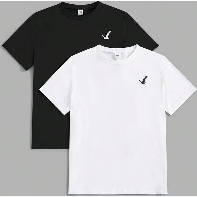 SHEIN 2pcs Teen Boy Flying Birds Embroidery Short Sleeve T-Shirt For Summerholiday,Summer,Travel,Getaway