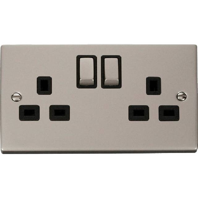 Click Deco 2 Gang 13A DP 'Ingot' Switched Socket Outlet (Twin Earth) Pearl Nickel Insert Black