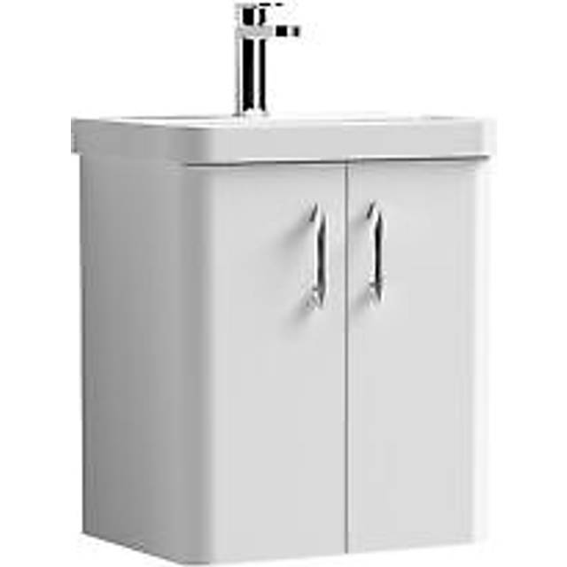 Curve Wall Hung 2 Door Vanity Basin Unit - 500mm - Gloss White with Chrome D Shape Handles (Tap Not Included)