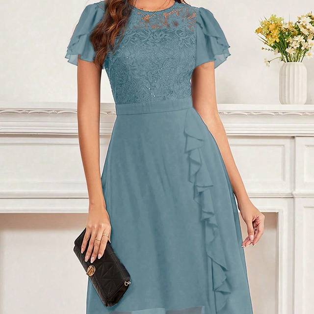 SHEIN Ladies&#39; Round Neck Short Sleeve Waist-Cinched Lace Spliced Solid Color Dress With Ruffle Hem, Bridesmaid Dress Elegant Dress