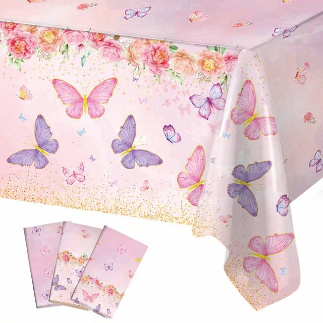 SHEIN 1Pc/3Pcs 220*130Cm Pink Butterfly Flower Disposable Plastic Tablecloth, Theme Party, Birthday Party Tabletop Cover, Waterproof And Easy To Clean Back