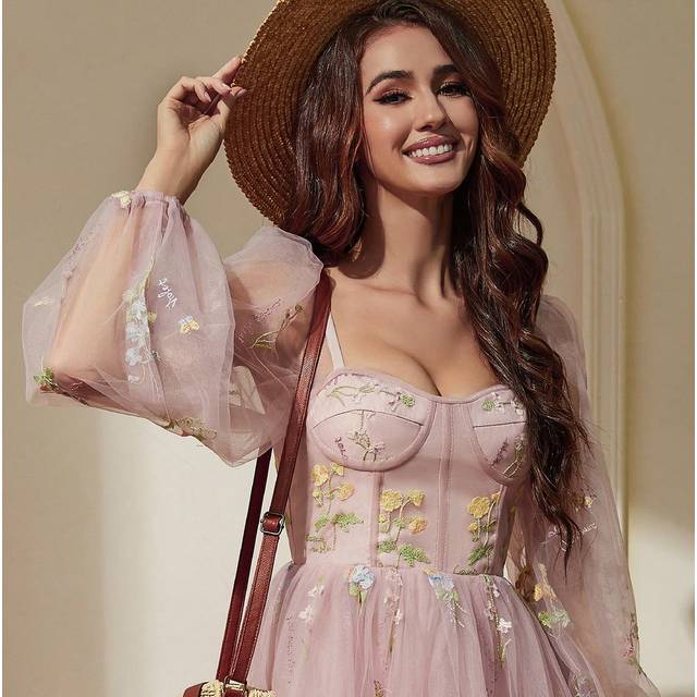 SHEIN (With Slit) Romantic Vintage Pink Prom Dress, Princess Style With Puffy Long Sleeve Party Dress Wedding Guest Cocktail Dress