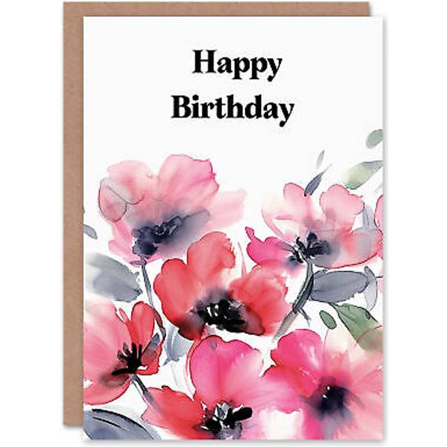 Birthday Card Poppy Flower Bouquet Watercolour Painting Greeting Card