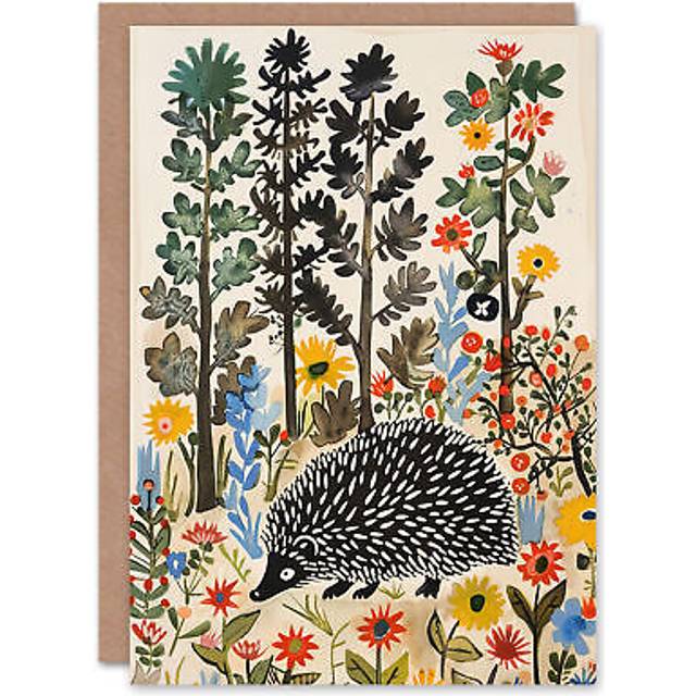 Hedgehog In Forest Folk Art Painting Wildflowers Greeting Card Birthday Him Her