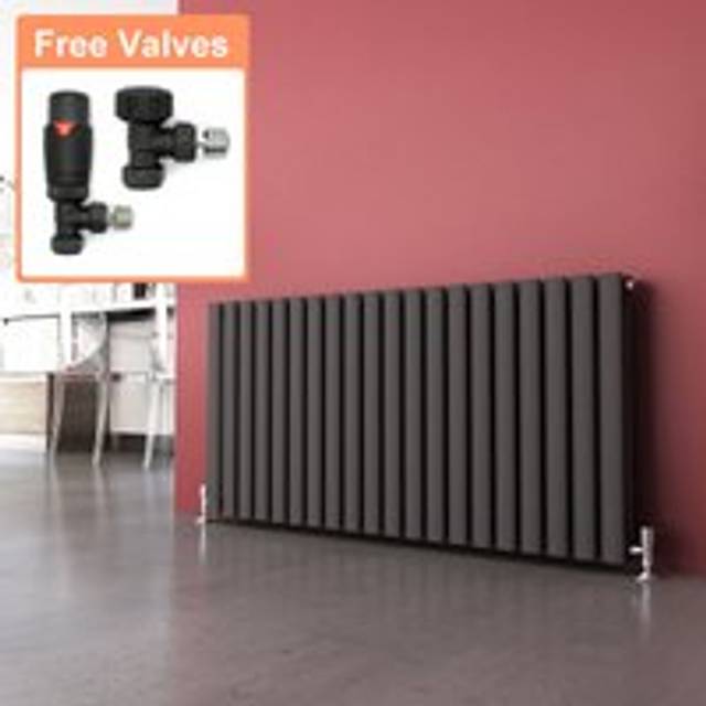Elegant - 600 x 1190 mm Anthracite Horizontal Column Designer Radiator Double Oval Panel + Chrome Thermostatic Radiator Valves
