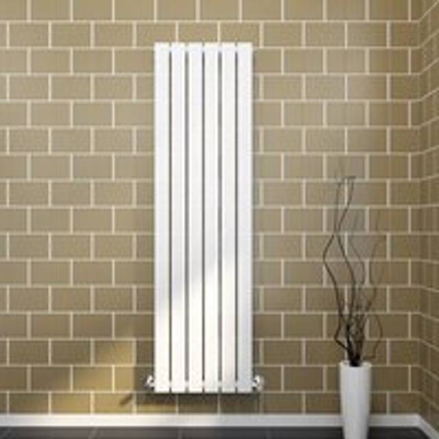 1600 x 452 mm White Vertical Column Radiator High Heat Output Rads Single Flat Panel Radiator + Anthracite Thermostatic Radiator Valves - Elegant